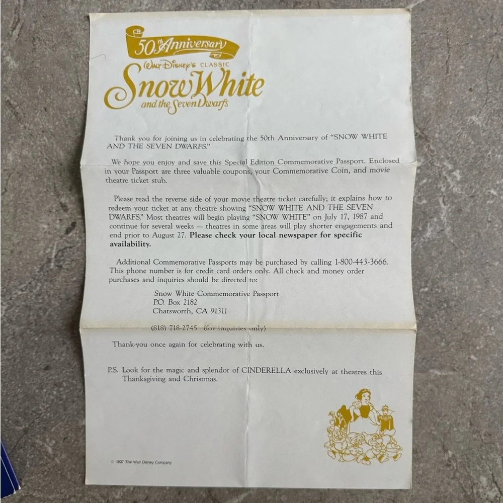 Disney Snow White 50th Anniversary Commemorative Ticket & Medallion Coin - 1987